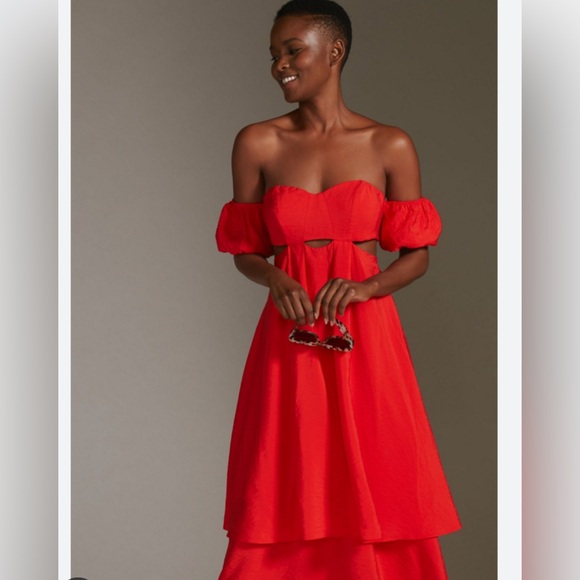 By Anthropologie Dresses & Skirts - Anthropologie red off shoulder cutouts dress 8